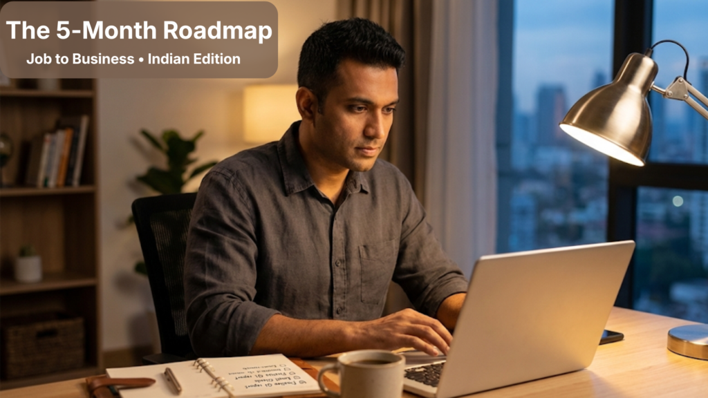 Indian professional planning a 5-month online business roadmap on a laptop at a home office desk