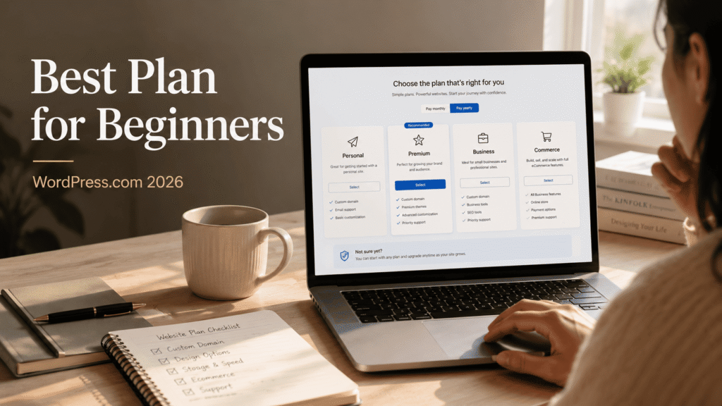 Featured image showing a beginner choosing the best WordPress.com plan from a website dashboard