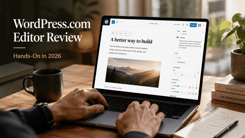 Featured image of a laptop showing the WordPress.com block editor during a hands-on review