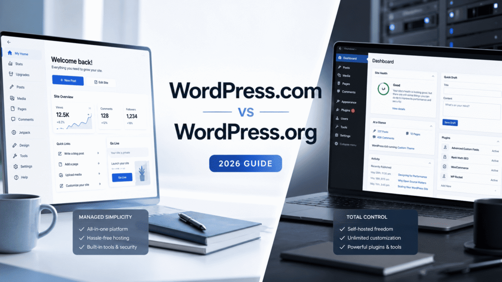 Split-screen featured image comparing WordPress.com and WordPress.org for website building in 2026