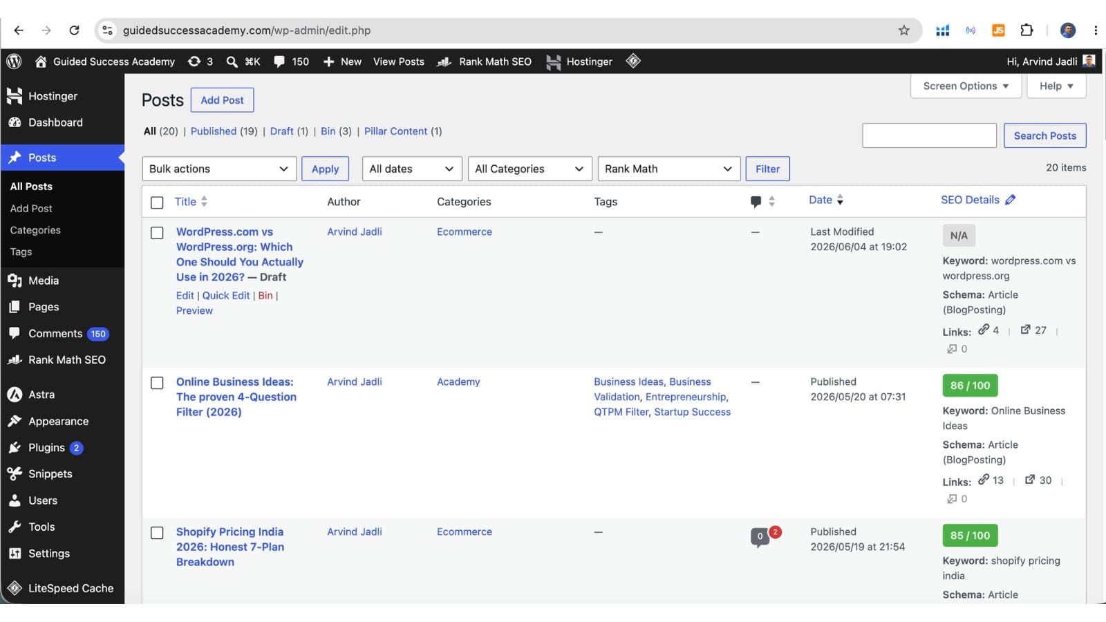 WordPress.org self-hosted dashboard on Hostinger — Arvind Jadli, June 2026