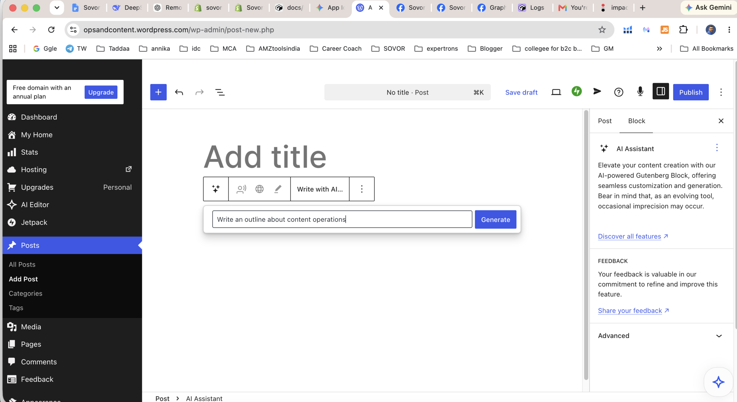 WordPress.com editor showing the AI Assistant block ready for a prompt