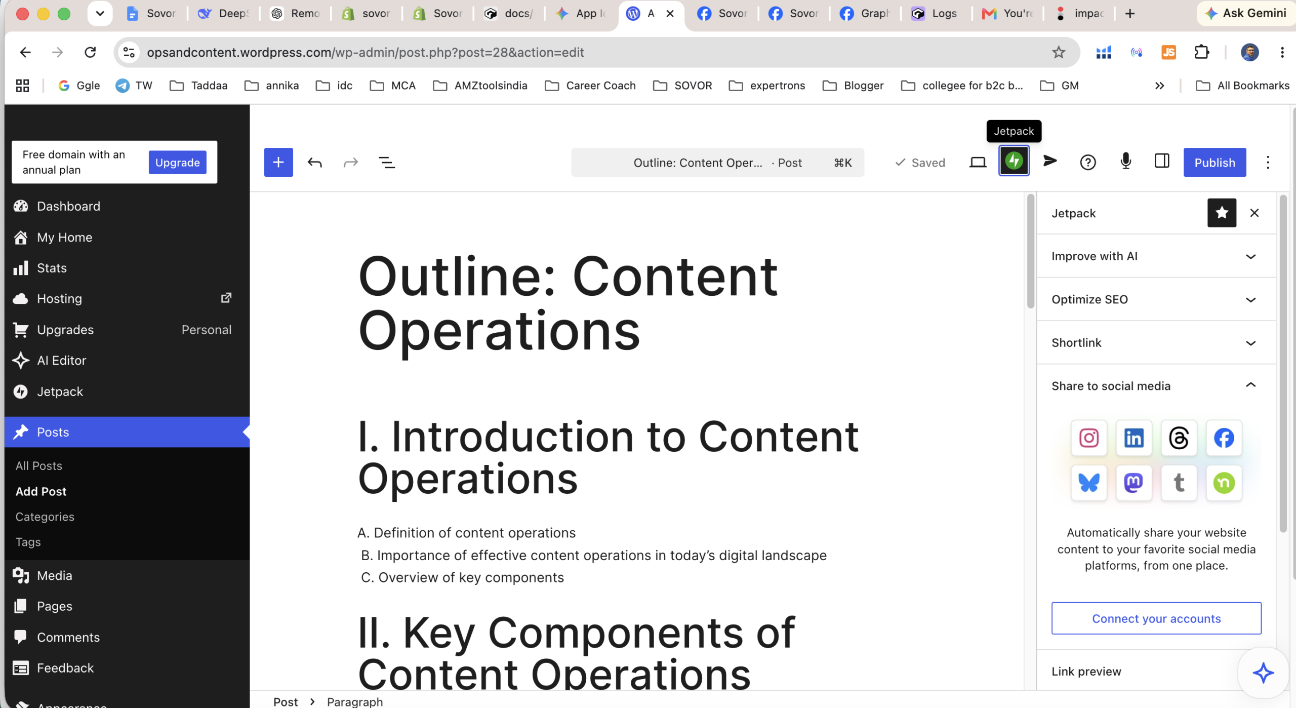WordPress.com editor with Jetpack growth tools including SEO and social sharing