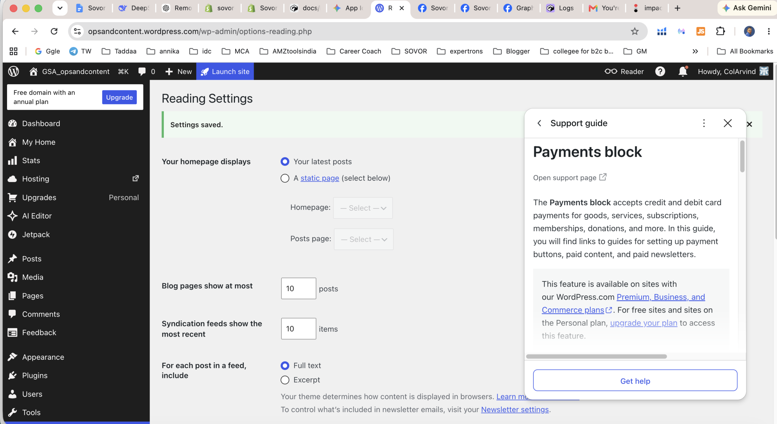WordPress.com monetization screen showing premium content and subscription tool upgrade requirements
