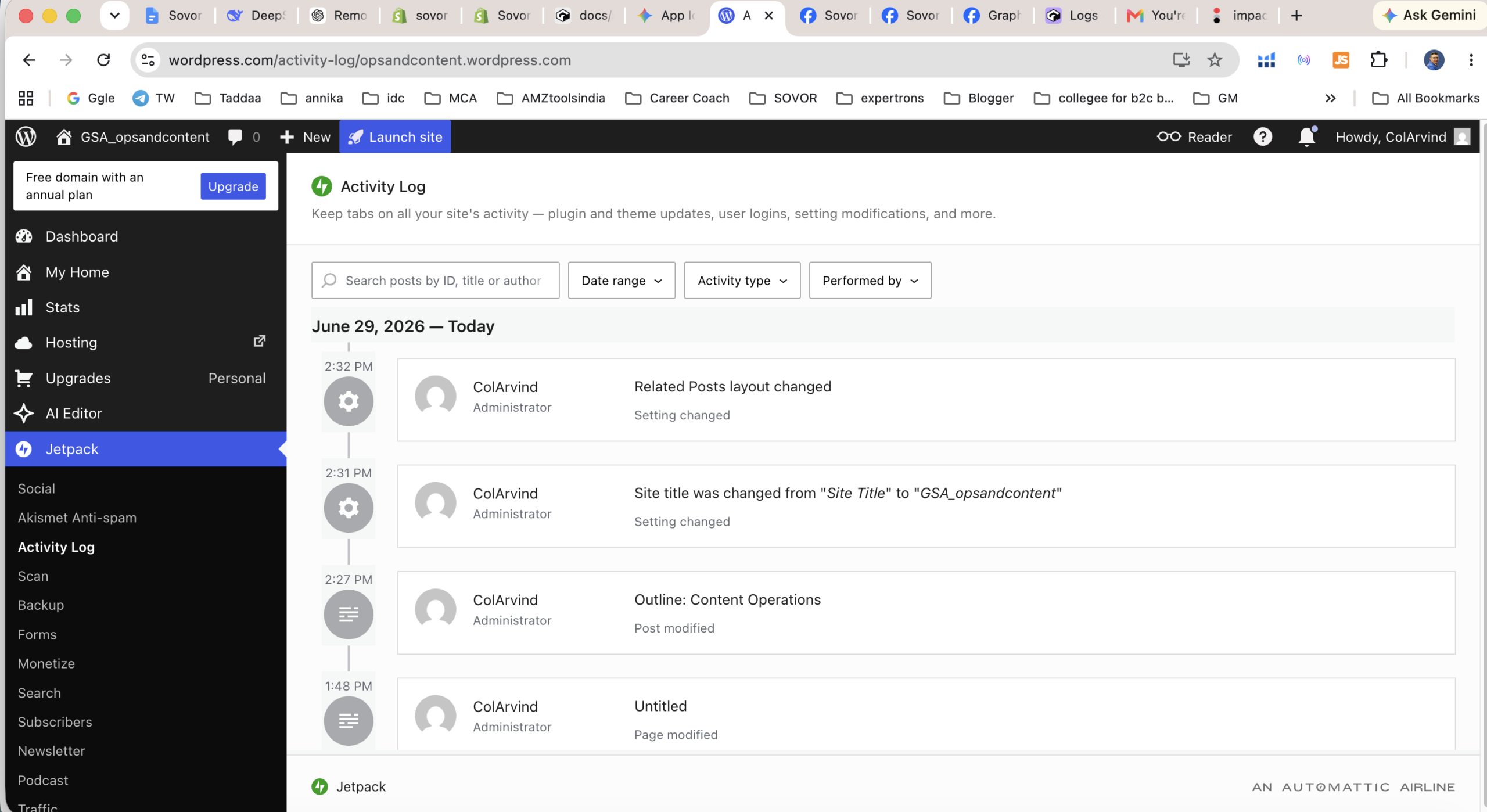 WordPress.com Jetpack Activity Log showing a timeline of site changes and events