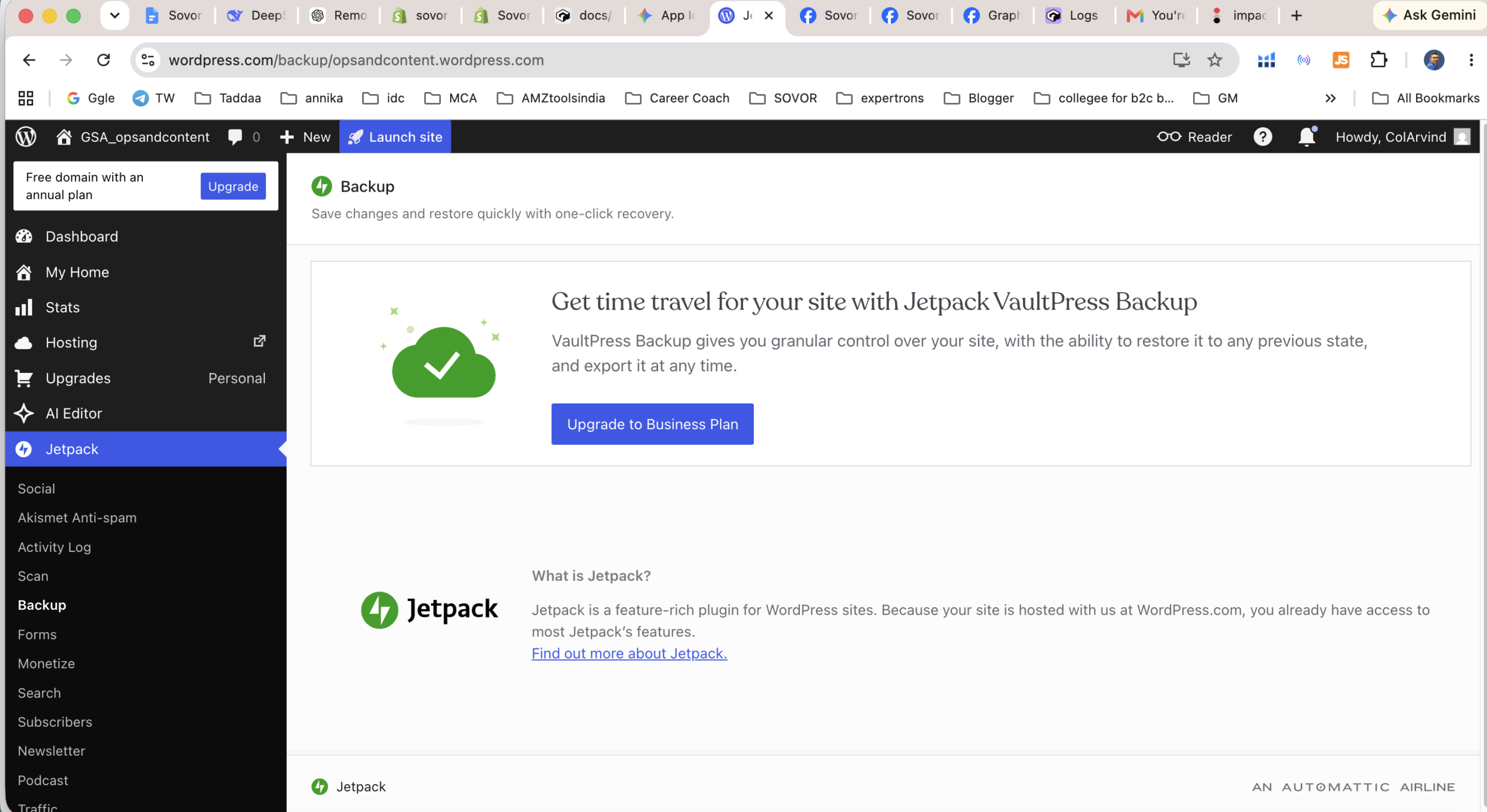 WordPress.com Jetpack VaultPress Backup screen showing backup and restore capability