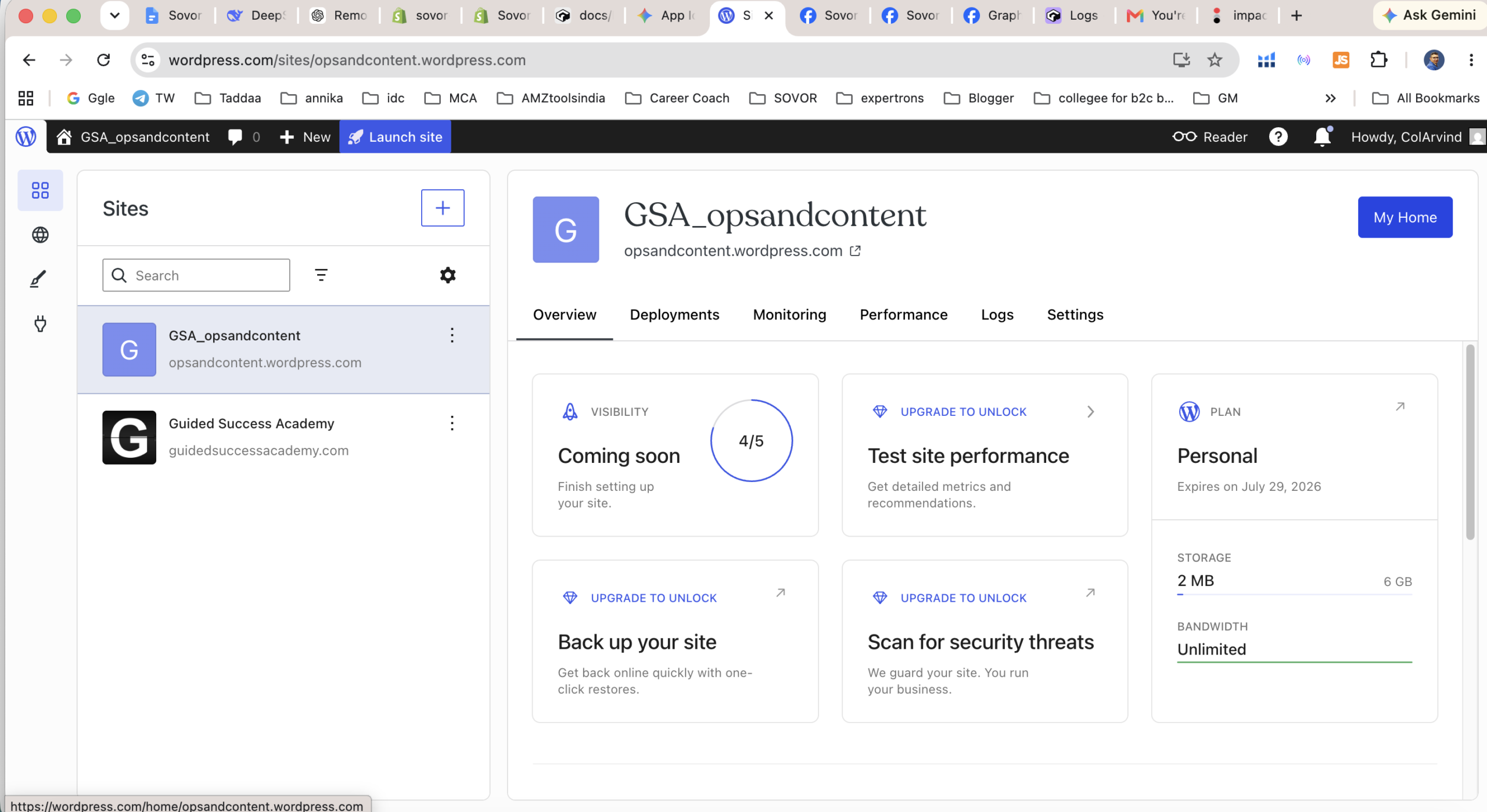 WordPress.com hosting performance settings showing caching and accelerator options
