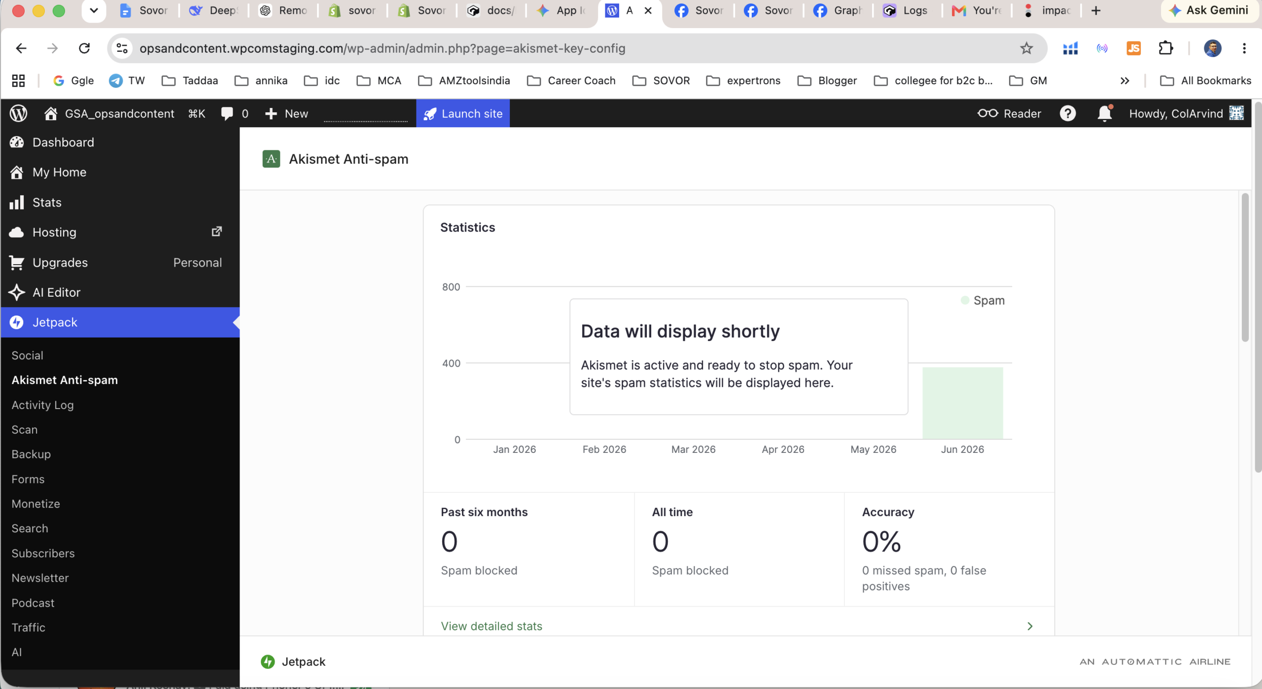 WordPress.com Akismet and security scanning interface showing built-in protection features