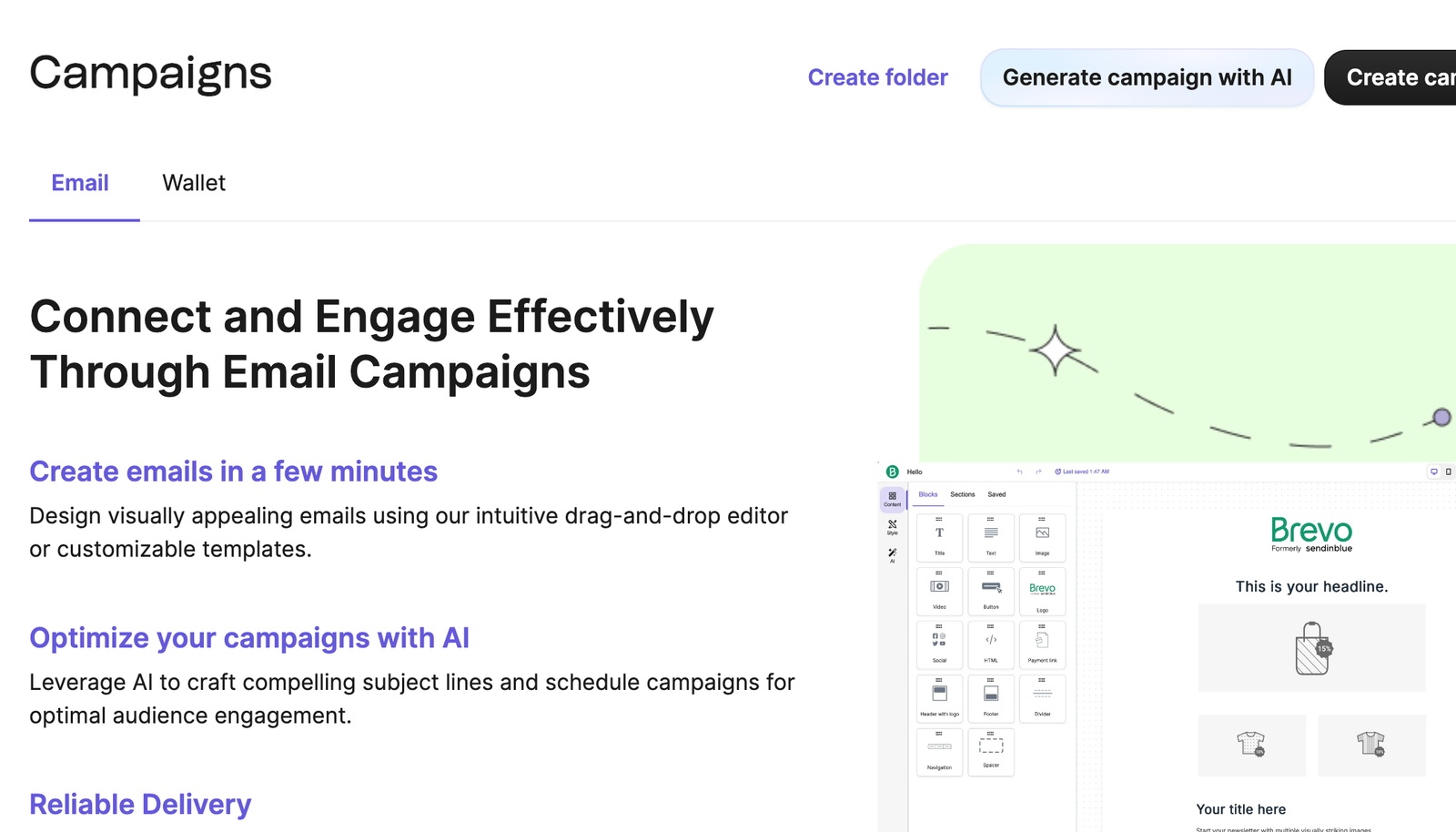 Brevo Campaigns workspace showing email creation, AI assistance, templates, and campaign tools