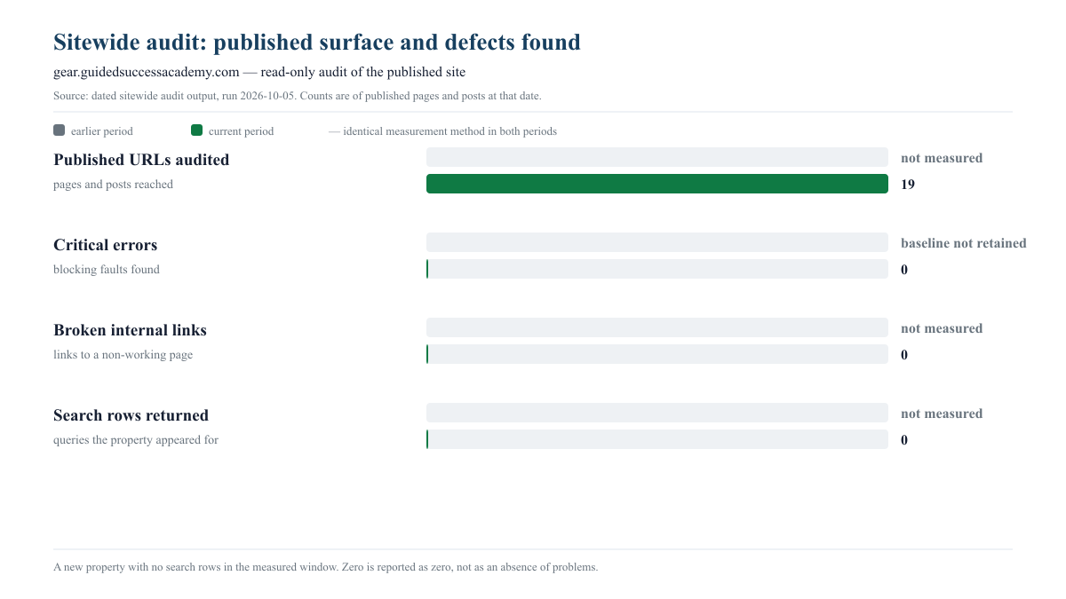 Chart showing 29 published URLs audited, zero errors, zero broken internal links, zero orphan candidates, and zero Search Console rows returned.