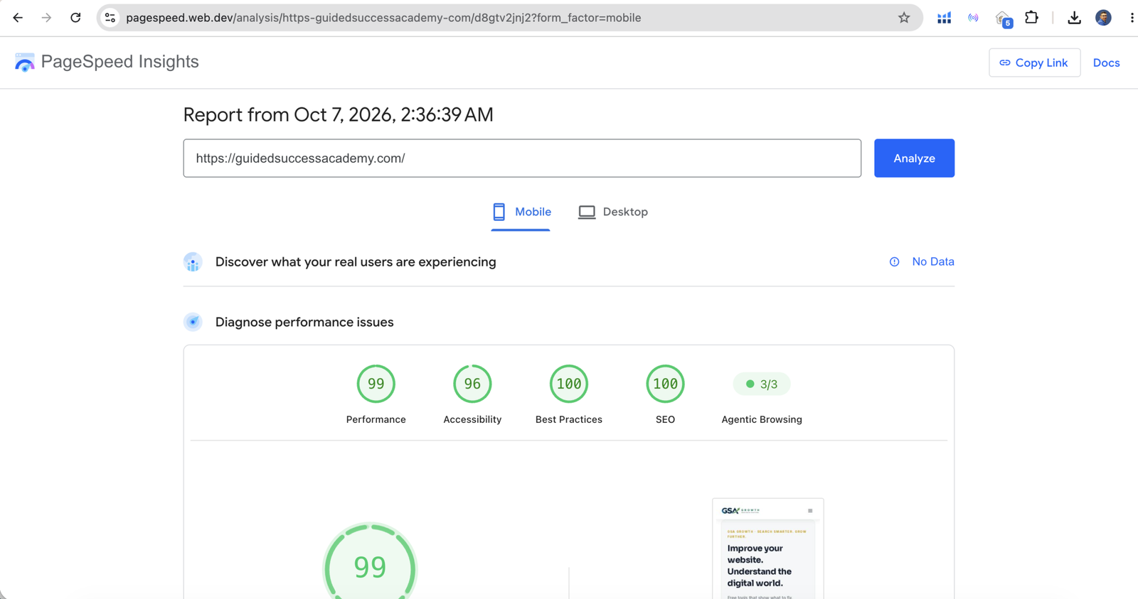 Guided Success Academy PageSpeed Insights mobile report showing 99 performance, 96 accessibility, 100 best practices, 100 SEO, and 3 of 3 agentic browsing checks