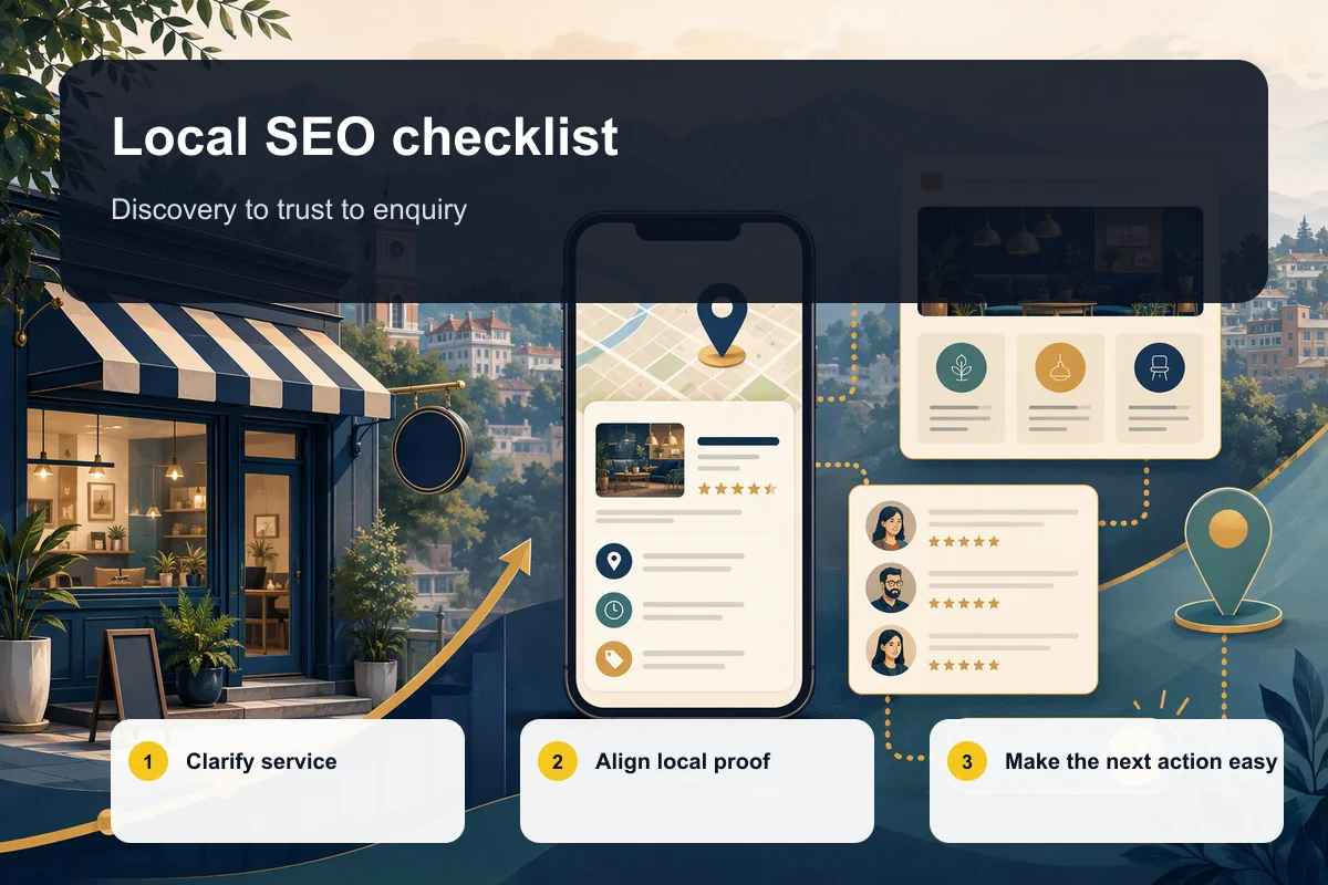 Local SEO checklist for small businesses in Dehradun showing discovery, trust, and enquiry steps