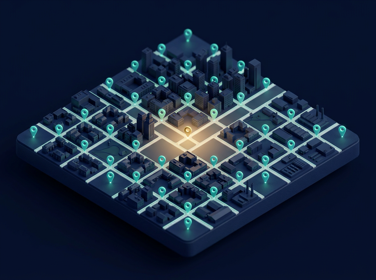 An isometric city district with a seven by seven grid of map pins and one highlighted business at the centre