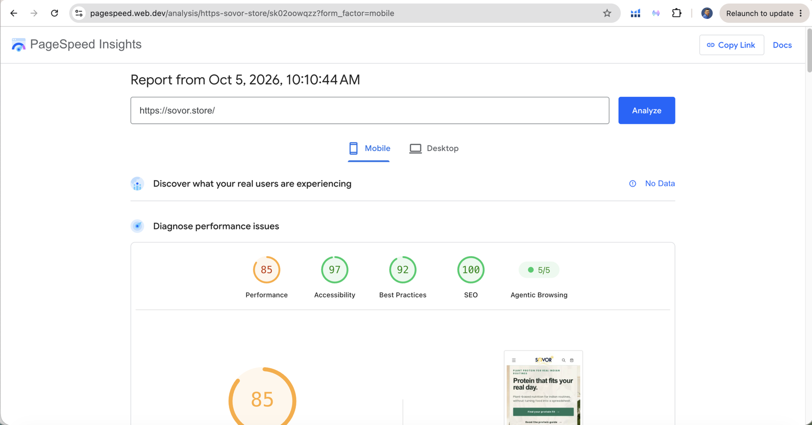 PageSpeed Insights mobile report for the sovor.store homepage, showing the measured mobile performance score and Core Web Vitals values.
