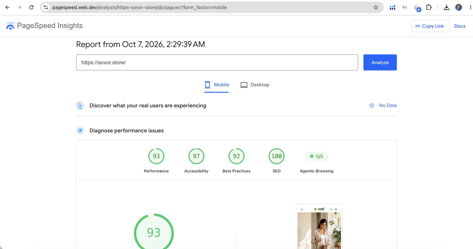 SOVOR PageSpeed Insights mobile report showing 93 performance, 97 accessibility, 92 best practices, 100 SEO, and 5 of 5 agentic browsing checks